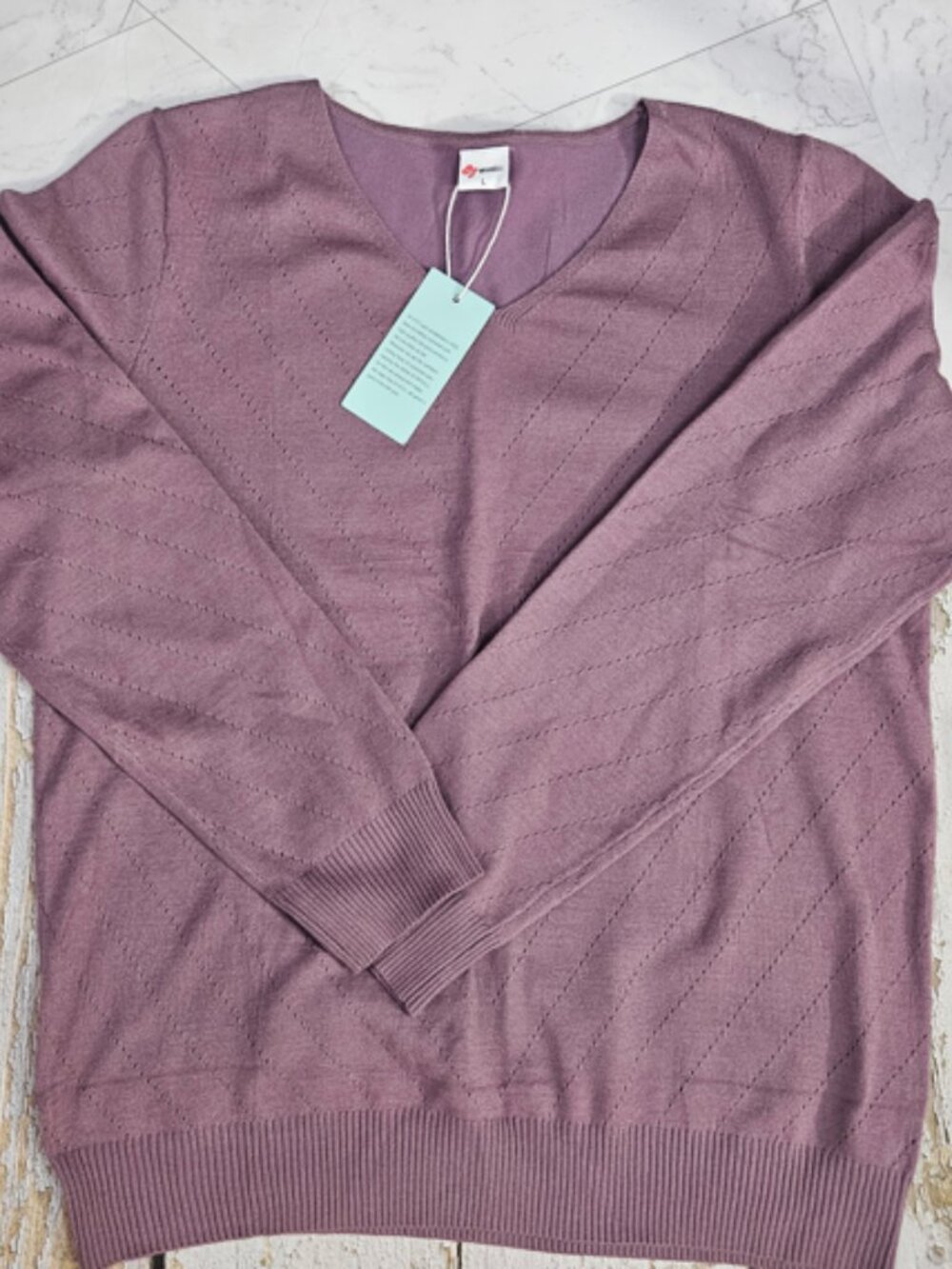 Wiholl Women’s Lilac V-Neck Pointelle Knit Sweater Large NWT